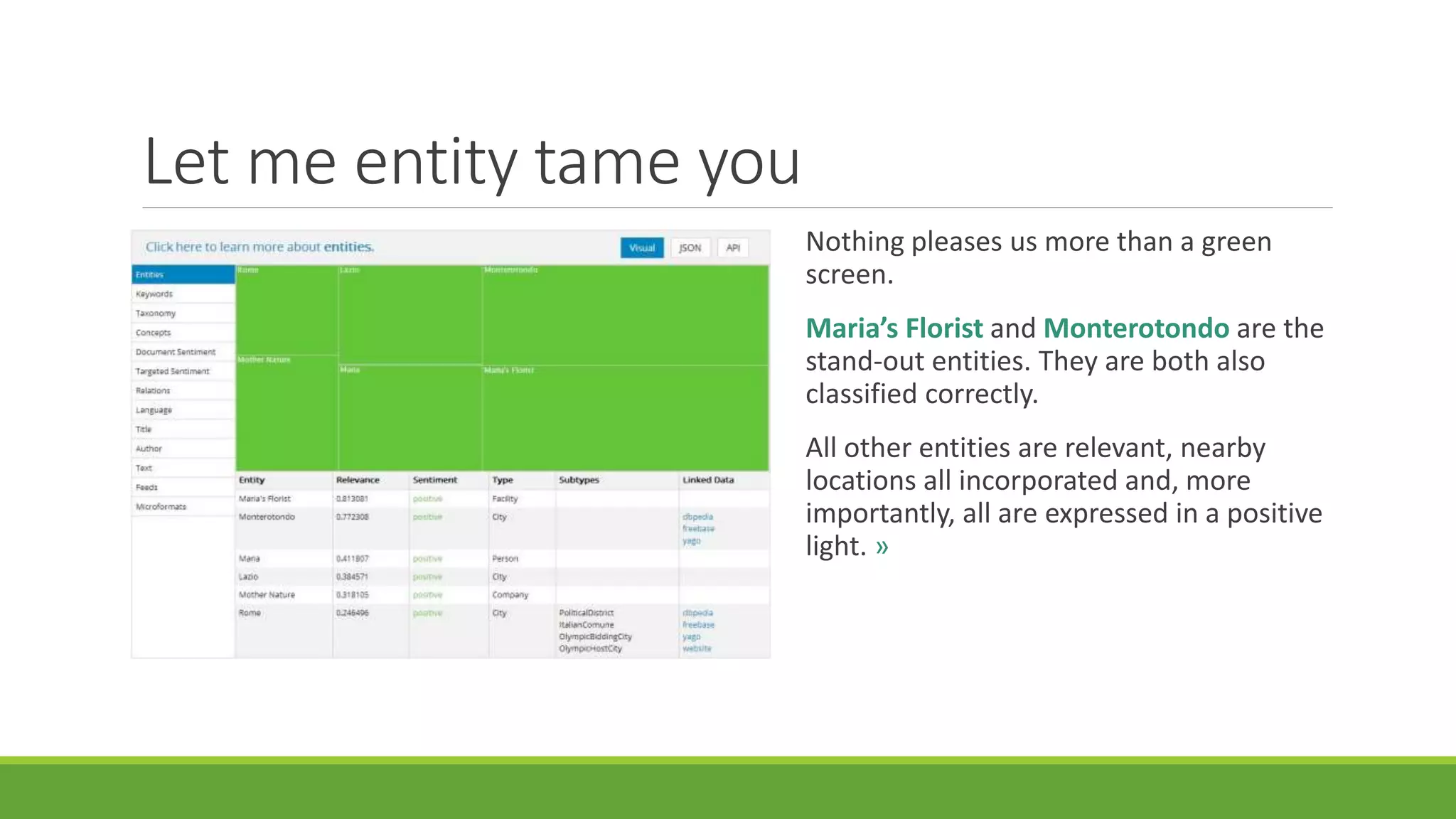 Let me entity tame you 
Nothing pleases us more than a green 
screen. 
Maria’s Florist and Monterotondo are the 
stand-out entities. They are both also 
classified correctly. 
All other entities are relevant, nearby 
locations all incorporated and, more 
importantly, all are expressed in a positive 
light. » 
 