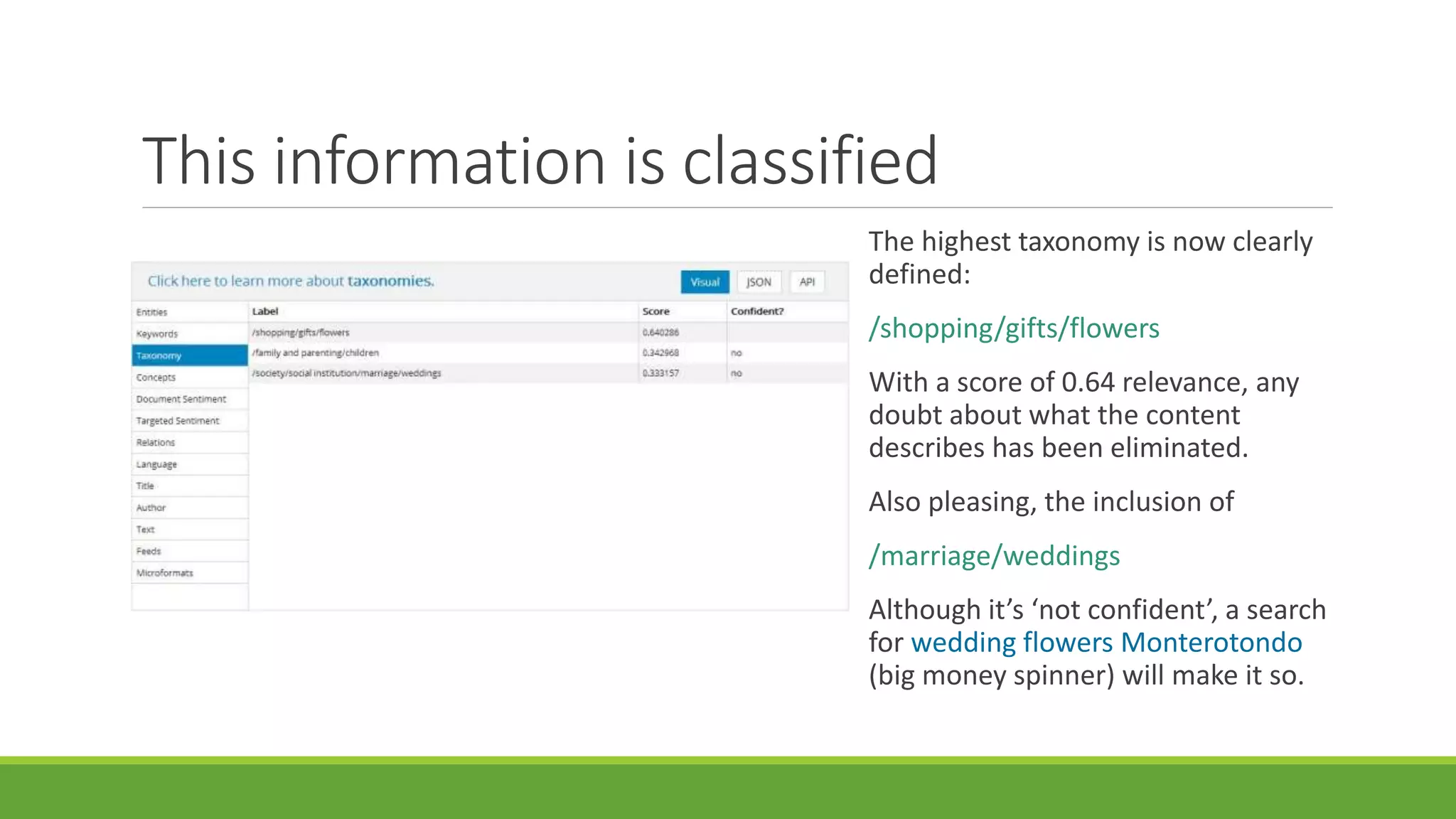 This information is classified 
The highest taxonomy is now clearly 
defined: 
/shopping/gifts/flowers 
With a score of 0.64 relevance, any 
doubt about what the content 
describes has been eliminated. 
Also pleasing, the inclusion of 
/marriage/weddings 
Although it’s ‘not confident’, a search 
for wedding flowers Monterotondo 
(big money spinner) will make it so. 
 