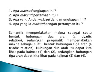 1.   Apa   maksud ungkapan ini ?
2.   Apa   maksud pertanyaan itu ?
3.   Apa   yang Anda maksud dengan ungkapan ini ?
4.   Apa   yang ia maksud dengan pertanyaan itu ?

Semantik memperlakukan makna sebagai suatu
bentuk      hubungan       dua    arah    (a     dyadic
relation), sedangkan pragmatik memperlakukan
makna sebagai suatu bentuk hubungan tiga arah (a
triadic relation). Hubungan dua arah itu dapat kita
lihat pada kaimat (1) dan (2), sedangkan hubungan
tiga arah dapat kita lihat pada kalimat (3) dan (4).
 