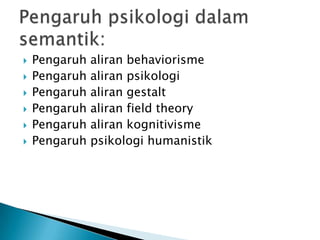    Pengaruh   aliran behaviorisme
   Pengaruh   aliran psikologi
   Pengaruh   aliran gestalt
   Pengaruh   aliran field theory
   Pengaruh   aliran kognitivisme
   Pengaruh   psikologi humanistik
 