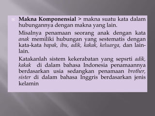  Makna Komponensial > makna suatu kata dalam
hubungannya dengan makna yang lain.
Misalnya penamaan seorang anak dengan kata
anak memiliki hubungan yang sestematis dengan
kata-kata bapak, ibu, adik, kakak, keluarga, dan lain-
lain.
Katakanlah sistem kekerabatan yang sepsrti adik,
kakak di dalam bahasa Indonesia penamaannya
berdasarkan usia sedangkan penamaan brother,
sister di dalam bahasa Inggris berdasarkan jenis
kelamin
 