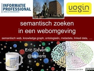 semantisch zoeken
in een webomgeving
semantisch web, knowledge graph, ontologieën, metadata, linked data, ....
Eric Sieverts
@sieverts
E-discovery juni 2014
 