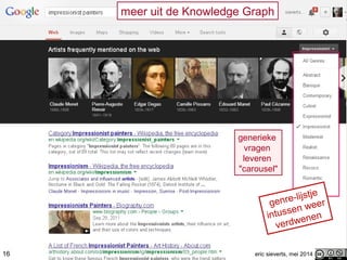 16 eric sieverts, mei 2014
meer uit de Knowledge Graph
generieke
vragen
leveren
"carousel"
genre-lijstje
intussen weer
verdwenen
 