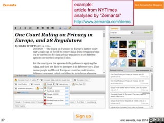 example:
article from NYTimes
analysed by "Zemanta"
http://www.zemanta.com/demo/
37 eric sieverts, mei 2014
 