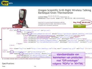 standaardisatie van
kenmerken van producten
met "GR-ontologie"
volgens "RDFa“ in “XHTML”
 