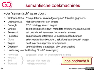 semantische zoekmachines
voor "semantisch" gaan door :
• Wolfram|Alpha "computational knowledge engine", feitelijke gegevens
• DuckDuckGo niet semantischer dan google
• Swoogle RDF ontology search engine
• Sindice zoekt pagina's met RDF metadata (niet meer onderhouden)
• Sensebot vat ook inhoud van meer documenten samen
• Factbites samengevatte informatie uit geselecteerde bronnen
• Cluuz selecteert (uit) antwoorden; ask.cluuz beantwoordt vragen
• Kngine heeft ook een app voor smartphones
• Cognition voor specifieke databases, bijv. voor Medline
• Unsilo nog in ontwikkeling ("invite" aanvragen)
• Powerset opgekocht door (en geïntegreerd in) Bing
• Kosmix
• Evri bestaan niet meer als
• Truevert (web)zoekachines
99 eric sieverts, mei 2014
doe opdracht 8
 