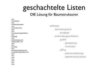 geschachtelte Listen
                               DIE Lösung für Baumstrukturen
<ul>
<li>software
<ul>
<li>betriebssystem
<ul>
<li>windows</li>
</ul>
</li>
<li>anwendungssoftware
<ul>
<li>graﬁk
<ul>
<li>photoshop</li>
<li>illustrater </li>
</ul>
</li>
<li>ofﬁce
<ul>
<li>textverarbeitung</li>
<li>tabellenkalkulation</li>
</ul>
</li>
</ul>
</li>
</ul>
</li>
</ul>
 