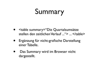Summary

•   <table summary=“Die Quartalsumsätze
    stellen den zeitlichen Verlauf ...“> ... </table>

•   Ergänzung für nicht-graﬁsche Darstellung
    einer Tabelle.

•    Das Summary wird im Browser nicht
    dargestellt.
 