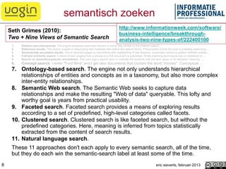 semantisch zoeken
1. Related searches/queries. The engine proposes searches that are in some way similar to the entered se...