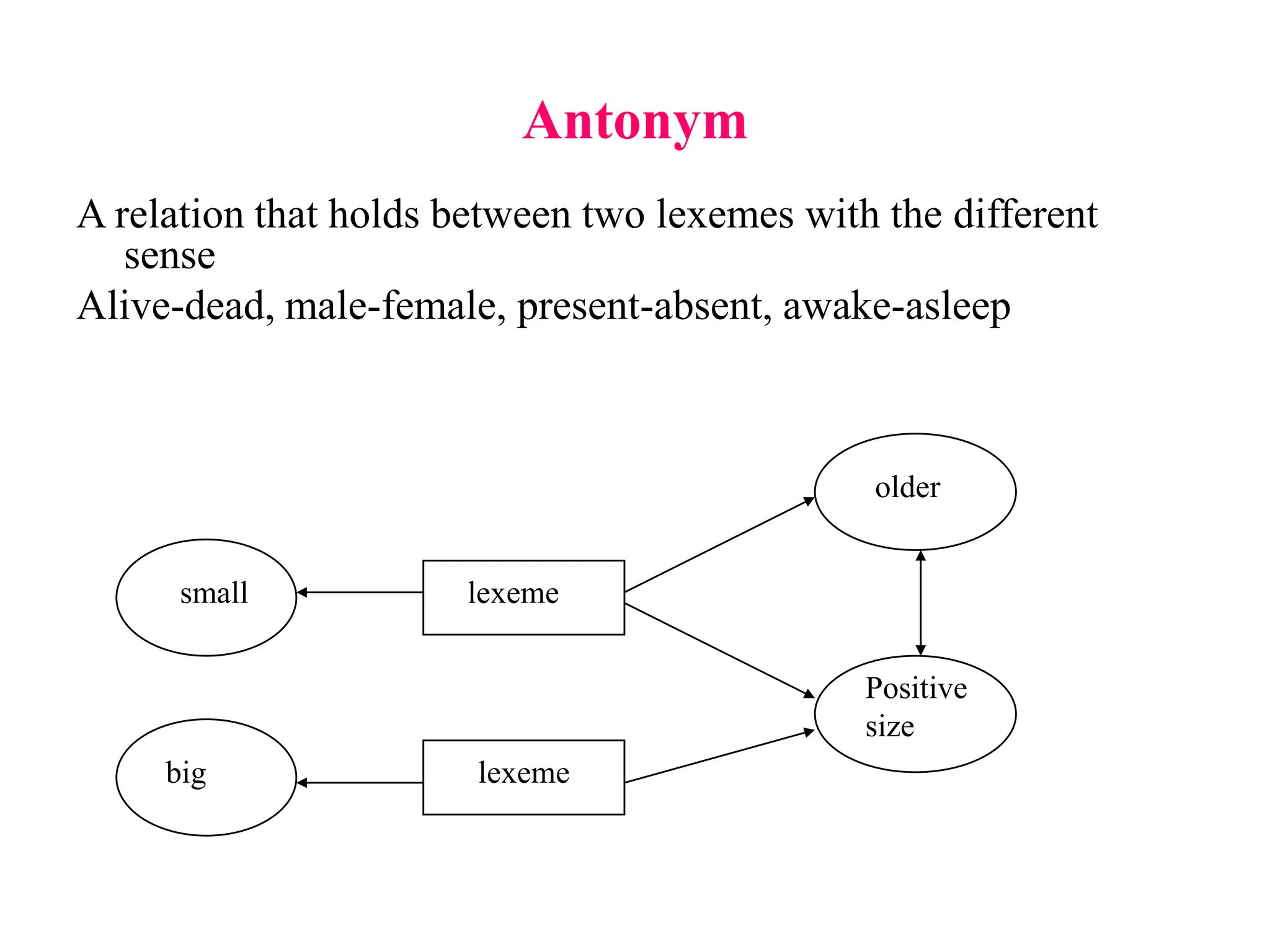 Antonym
A relation that holds between two lexemes with the different
sense
Alive-dead, male-female, present-absent, awake-asleep
small
big
Positive
size
older
lexeme
lexeme
 