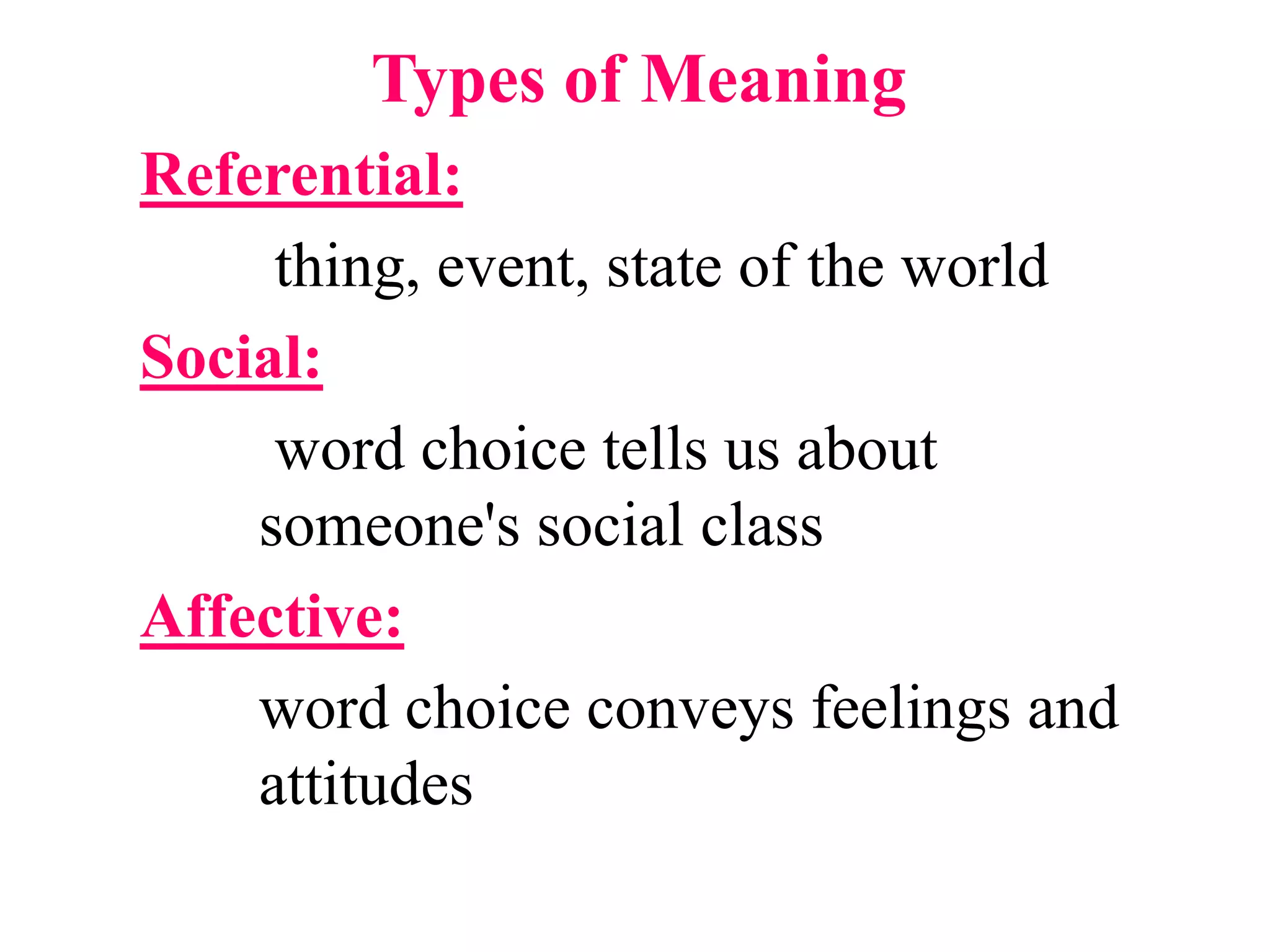 Types of Meaning
Referential:
thing, event, state of the world
Social:
word choice tells us about
someone's social class
Affective:
word choice conveys feelings and
attitudes
 