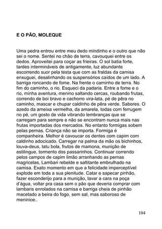 E O PÃO, MOLEQUE


Uma pedra entrou entre meu dedo mindinho e o outro que não
sei o nome. Sentei no chão de terra, cavouquei entre os
dedos. Aproveitei para coçar as frieiras. O sol batia forte,
tardes intermináveis de antigamente, luz abundante
escorrendo suor pela testa que com as fraldas da camisa
enxuguei, desalinhando os suspensórios caídos de um lado. A
barriga roncando de fome. Na frente o caminho de terra. No
fim do caminho, o rio. Esqueci da padaria. Entre a fome e o
rio, minha aventura, menino saltando cercas, roubando frutas,
correndo de boi bravo e cachorro vira-lata, pé de pêra no
caminho, mascar e chupar caldinho de pêra verde. Sabores. O
azedo da ameixa vermelha, da amarela, todas com ferrugem
no pé, um gosto de vida vibrando lembranças que se
carregam para sempre e não se encontram nunca mais nas
frutas importadas dos mercados. No entanto formigas sobem
pelas pernas. Criança não se importa. Formiga é
companheira. Melhor é cavoucar os dentes com capim com
caldinho adocicado. Carregar na palma da mão os bichinhos,
louva-deus, tatu bola, frutos de mamona, munição de
estilingue, tormento dos passarinhos. Continuar correndo
pelos campos de capim limão arranhando as pernas
magricelas, Lambari rebelde e saltitante embrulhado na
camisa. Exato momento em que a felicidade imperceptível
explode em toda a sua plenitude. Catar e sapecar pinhão,
fazer esconderijo para a munição, lavar a cara na poça
d’água, voltar pra casa sem o pão que deveria comprar com
lambaris enrolados na camisa e barriga cheia de pinhão
macetado a beira do fogo, sem sal, mas saboroso de
meninice..

                                                         104
 