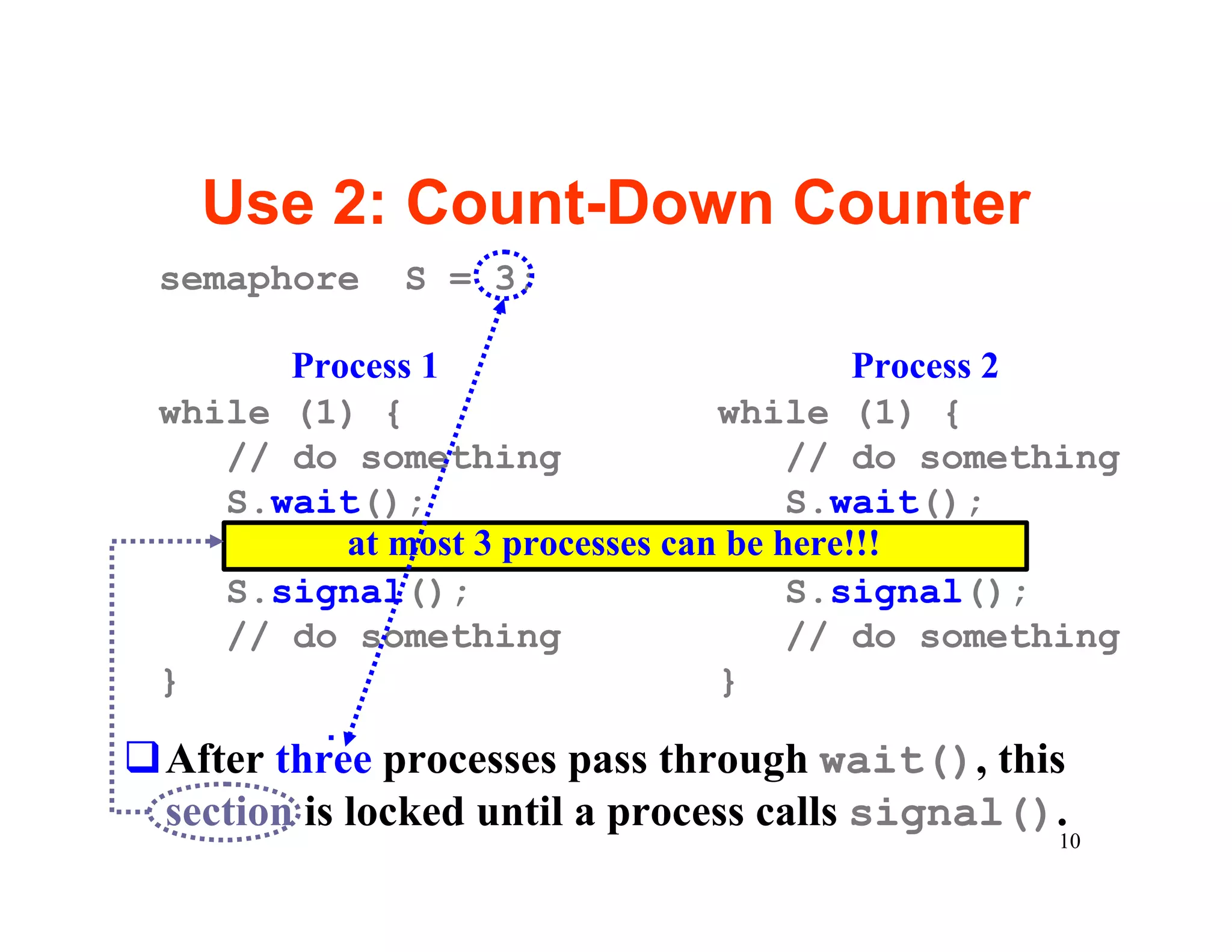 Use 2: Count-Down Counter
 semaphore    S = 3;

       Process 1                          Process 2
 while (1) {                     while (1) {
    // do something                   // do something
    S.wait();                         S.wait();
          at most 3 processes can be here!!!
    S.signal();                       S.signal();
    // do something                   // do something
 }                               }

qAfter three processes pass through wait(), this
 section is locked until a process calls signal().
                                                 10
 