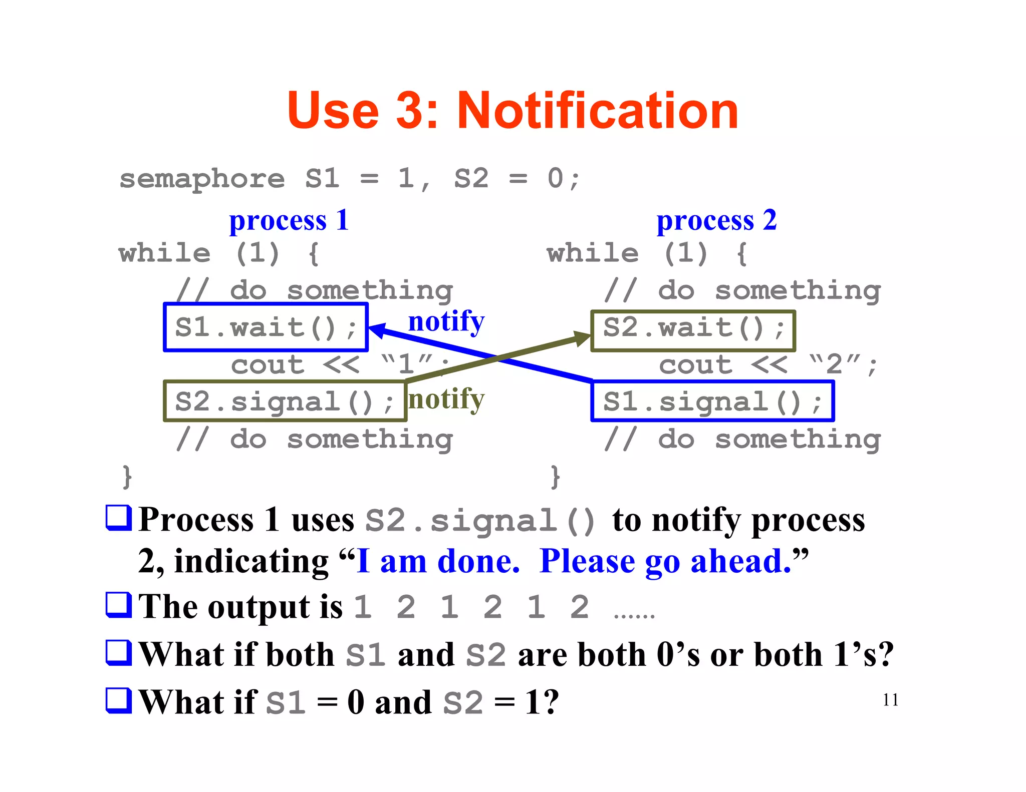 Use 3: Notification
semaphore S1 = 1, S2 = 0;
      process 1              process 2
while (1) {            while (1) {
   // do something        // do something
   S1.wait();   notify    S2.wait();
      cout << “1”;           cout << “2”;
   S2.signal(); notify    S1.signal();
   // do something        // do something
}                      }
qProcess 1 uses S2.signal() to notify process
 2, indicating “I am done. Please go ahead.”
qThe output is 1 2 1 2 1 2 ……
qWhat if both S1 and S2 are both 0’s or both 1’s?
qWhat if S1 = 0 and S2 = 1?                     11
 