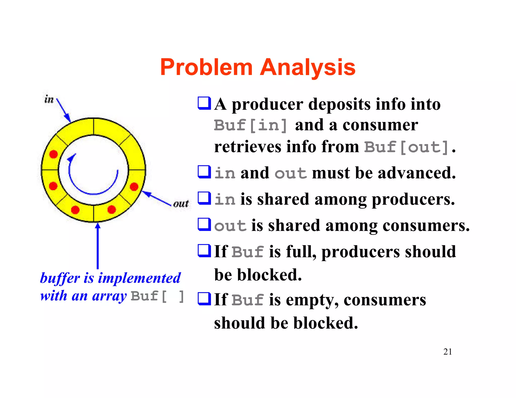 Problem Analysis
                      qA producer deposits info into
                       Buf[in] and a consumer
                       retrieves info from Buf[out].
                      qin and out must be advanced.
                      qin is shared among producers.
                      qout is shared among consumers.
                      qIf Buf is full, producers should
buffer is implemented  be blocked.
with an array Buf[ ] qIf Buf is empty, consumers
                       should be blocked.
                                                   21
 