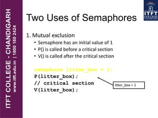 Two Uses of Semaphores
1. Mutual exclusion
• Semaphore has an initial value of 1
• P() is called before a critical section
• V() is called after the critical section
semaphore litter_box = 1;
P(litter_box);
// critical section
V(litter_box);
litter_box = 1
 