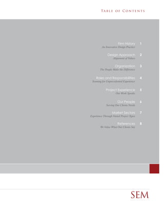 Ta b l e o f C o n t e n t s




                        Firm History      1
         An Innovative Design Practice


               Design Approach            2
                   Alignment of Values


                     Organization         3
        The People Make the Difference


     Roles and Responsibilities           4
 Teaming for Unprecedented Experience


             Project Experience           5
                      Our Work Speaks


                       Our People         6
             Serving Our Clients Needs

                  Market Sectors          7
Experience Through Varied Project Types

                       References         8
        We Value What Our Clients Say




                                  SEM
                                  ARCHITECTS
 