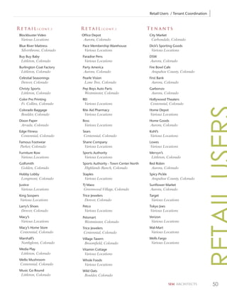 Retail Users / Tenant Coordination



R e t a i l ( c o n t. )    R e t a i l ( c o n t. )                Tenants
 Blockbuster Video          Office Depot                            City Market
   Various Locations         Aurora, Colorado                        Carbondale, Colorado
 Blue River Mattress         Pace Membership Warehouse              Dick’s Sporting Goods
   Silverthrone, Colorado     Various Locations                      Various Locations
 Buy Buy Baby                Paradise Pens                          DSW
   Littleton, Colorado        Various Locations                     Aurora, Colorado
 Burlington Coat Factory     Party America                          Fire Bowl Cafe
   Littleton, Colorado       Aurora, Colorado                        Arapahoe County, Colorado
 Celestial Seasonings        Pearle Vision                          First Bank
   Denver, Colorado           Lone Tree, Colorado                    Aurora, Colorado
 Christy Sports              Pep Boys Auto Parts                    Garbonzo
   Littleton, Colorado        Westminster, Colorado                  Aurora, Colorado
 Color Pro Printing          REI                                    Hollywood Theaters
   Ft. Collins, Colorado      Various Locations                     Centennial, Colorado
 Colorado Baggage            Rite Aid Pharmacy                      Home Depot
   Boulder, Colorado          Various Locations                     Various Locations
 Dixon Paper                 Ross                                   Home Goods
   Arvada, Colorado           Various Locations                     Aurora, Colorado
 Edge Fitness                Sears                                  Kohl’s
   Centennial, Colorado      Centennial, Colorado                   Various Locations
 Famous Footwear             Shane Company                          Lowes
  Parker, Colorado            Various Locations                     Various Locations
 Furniture Row               Sports Authority                       Mervyn’s
   Various Locations          Various Locations                      Littleton, Colorado
 Golfsmith                   Sports Authority - Town Center North   Red Robin
   Golden, Colorado           Highlands Ranch, Colorado              Aurora, Colorado
 Hobby Lobby                 Staples                                Spicy Pickle
   Longmont, Colorado         Various Locations                      Arapahoe County, Colorado
 Justice                     TJ Maxx                                Sunflower Market
   Various Locations         Greenwood Village, Colorado            Aurora, Colorado
 King Soopers                Trice Jewelers                         Target
  Various Locations           Denver, Colorado                       Various Locations
 Larry’s Shoes               Petco                                  Tokyo Joes
   Denver, Colorado           Various Locations                     Various Locations
 Macy’s                      Petsmart                               Verizon
   Various Locations          Westminster, Colorado                  Various Locations
 Macy’s Home Store           Trice Jewelers                         Wal-Mart
  Centennial, Colorado       Centennial, Colorado                    Various Locations
 Marshall’s                  Village Tavern                         Wells Fargo
   Northglenn, Colorado       Broomfield, Colorado                   Various Locations
 Media Play                  Vitamin Cottage
   Littleton, Colorado        Various Locations
 Mello Mushroom              Whole Foods
  Centennial, Colorado        Various Locations
 Music Go Round              Wild Oats
   Littleton, Colorado        Boulder, Colorado

                                                                                   SEM ARCHITECTS        50
 