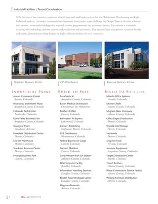 Industrial Facilities / Tenant Coordination

        SEM Architects has extensive experience in both large and small scale projects for the Distribution, Warehousing and Light
        Industrial markets. As unique commercial developments these project types challenge the Design Team to develop solutions
        into creative, memorable buildings that respond to strict programmatic and economic factors. User criteria is constantly
        evolving with technology, delivery systems and productivity advancements. Our projects have been proven to remain ﬂexible
        and usable, ultimately providing decades of highly efﬁcient facilities for vital businesses.




      Stapleton Business Center                       CPS Distributors                                  Riverside Business Center


     I nd u s t r i a l Pa r k s                   Build to Suit                                       B u i l d t o S u i t ( c o n t. )
      Aurora Commerce Center                         Baxa Medical                                       Minolta Office Systems
      Aurora, Colorado                                 Arapahoe County, Colorado                         Arvada, Colorado
      Briarwood and Revere Phase                     Baxter Medical Distribution                        Monier Lifetile
      Arapahoe County, Colorado                        Oklahoma City, Oklahoma                           Adams County, Colorado
      Colorado Tech Center                           Brothers Coffee                                    Mygrant Glass Company
       Louisville, Colorado                            Denver, Colorado                                  Adams County, Colorado
      Dove Valley Business Park                      Burlington Air Express                             Office Depot Distribution
      Arapahoe County, Colorado                        Lakewood, Colorado                                Denver, Colorado
      Goodyear Point                                 Cahners Publishing                                 Oneida Cold Storage
       Goodyear, Arizona                               Highlands Ranch, Colorado                         Denver, Colorado
      Interstate Distribution Center                 CPS Distributors                                   Samsonite
       Denver, Colorado                                Westminster, Colorado                             Denver, Colorado
      Lincoln Warehouse                              Federal Express Air Cargo                          Snap On Tools
       Denver, Colorado                                Denver, Colorado                                  Arvada, Colorado
      Stapleton Business Center                      Gannett Outdoor                                    Sunstate Equipment
       Denver, Colorado                                Denver, Colorado                                  Arapahoe County, Colorado
      Prologis Business Park                         Great Western Park Lift Station                    Target Distribution Center
       Aurora, Colorado                                Jefferson County, Colorado                        Pueblo, Colorado
                                                     IBIS Computer Facility                             Thoutt Brothers
                                                       Boulder, Colorado                                 Adams County, Colorado
                                                     Information Handling Services                      Waste Connections Service Facility
                                                       Douglas County, Colorado                          Adams County, Colorado
                                                     Klode’s Auto Wholesale Center                      Weberg Furniture Distribution
                                                       Douglas County, Colorado                          Denver, Colorado
                                                     Magnum Materials
                                                       Aurora, Colorado


51           SEM ARCHITECTS
 