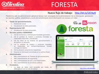 FORESTA
1. Titular de aprovechamiento.
1. Declaración anual.
2. Actualización de datos personales.
2. Representante CAT.
1. Actualización de datos personales.
3. Servidor público SEMARNAT.
1. Ver las remisiones y reembarques forestales generados.
2. Ver la cantidad de madera o productos forestales no
maderables disponible y actualizada.
3. Ver los datos de los titulares de aprovechamiento y
de centros, su ubicación.
4. Ver la cantidad de madera o productos forestales
no maderables por remisión/reembarque forestal
y el lugar de destino.
5. Ver la ubicación actual de los inspectores.
6. Exportar la información encontrada en un archivo Excel
4. Administrador.
1. Alta y administración de Titulares de aprovechamiento.
2. Alta y administración de Inspectores
3. Alta y administración de CAT y sus responsables.
4. Alta y administración de servidores públicos.
5. Ciudadano.
1. La base de datos será accesible por medio de
datos.gob.mx con un mes de retraso
Plataforma web de administración global en tiempo real: encargada de la administración de la información, generación
de reportes, gráfica, estadísticas y punto de concentración de la información con acceso a 5 roles:
Nuevo flujo de trabajo: http://bit.ly/1A7dyI9
http://invis.io/2P2BXTBFJ
 