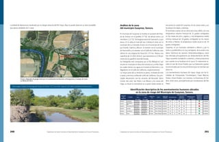 200 Compendio de Identificación de Asentamientos Humanos en Cauces Federales Compendio de Identificación de Asentamientos Humanos en Cauces Federales 201
Análisis de la zona
del municipio Guaymas, Sonora.
El municipio de Guaymas se localiza al suroeste del Esta-
do de Sonora, en el paralelo 57°56’ de latitud norte y el
meridiano 111°52’ de longitud oeste de Greenwich, a una
altura 15 m sobre el nivel del mar. Colinda al norte con el
municipio de La Colorada, al este con el municipio de Sua-
qui Grande, Cajeme y Bácum, al noreste con el municipio
de Hermosillo y al suroeste con el Golfo de California, este
último en una longitud de litoral de 175 km. Abarca una
superficie de 12,206.18 km2, que representa un 6.58 por
ciento de la superficie total del Estado
Su hidrografía está compuesta por el Río Mátape el cual
recorre el, municipio en dirección noreste sur y el Río Yaqui
los cuales vierten sus aguas en el estero el Ranchito y Los
Algodones en el Golfo de California, respectivamente.
La mayor parte de su territorio es plano, inclinado de este
a oeste y termina a orillas del Golfo de California. Sus prin-
cipales elevaciones son las serranías del Bacarete, Santa
Ursula, San José, San Pedro, Luis Blanca y los cerros del
Vigia, su litoral es montañoso en la parte media donde se
encuentra la ciudad de Guaymas, en las zonas norte y sur
las playas son bajas y arenosas
El municipio cuenta con un clima seco muy cálido, con una
temperatura máxima mensual de 31 grados centígrados
en los meses de julio y agosto y una temperatura media
mínima mensual de 18 grados centígrados en los meses
de enero y febrero, la temperatura media anual es de 19
grados centígrados
Guaymas, es un municipio colindante a Bácum y por lo
tanto su problemática es muy semejante, de acuerdo a los
datos históricos de eventos hidrometeorológicos, estos
han afectado principalmente por desbordamiento del Río
Yaqui causando inundación a colonias, y áreas productivas
aun cuando no se localizan en el cauce. Es importante re-
saltar el caso de Vicam Pueblo, que sus habitantes quedan
incomunicados por los escurrimientos que se transitan por
dicho río.
Los asentamientos humanos de mayor riesgo son las lo-
clidades de Compuertas, Chumampaco, Casas Blancas,
Potam, Vicam Pueblo, Los Limones, La Huitchaca, El Cal-
dero, entre otras, principalmente por inundaciones del Río
Yaqui.
Fuente: Adaptado de google Earth por la Coordinación de Atención a Emergencias y Consejos de Cuen-
ca, Marzo de 2011.
Localidad de Bataconsica localizado por la márgen derecha del Río Yaqui. Aquí se puede observar un área inundable
que abarca alrededor de 2 casas.
Esta imagen muestra la descarga del Arroyo Jori (Dren “D”) con el Río Yaqui el cual rodea al poblado de Bataconsica.
Identificación descriptiva de los asentamientos humanos ubicados
en la zona de riesgo del Municipio de Guaymas, Sonora.
 