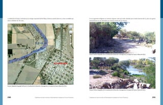 230 Compendio de Identificación de Asentamientos Humanos en Cauces Federales Compendio de Identificación de Asentamientos Humanos en Cauces Federales 231
Localidad de Etchojoa, localizada por la márgen izquierda del Río Mayo, donde se puede observar un área inundable que
abarca alrededor de 28 casas.
Fuente: Adaptado de google Earth por la Coordinación de Atención a Emergencias y Consejos de Cuenca, Marzo de 2011.
En las siguientes imágenes se muestran algunas casas que están ubicadas por el bordo barrote del río, pero con gastos
extraordinarios se ven afectadas por erosiona miento de los mismos.
Fuente: Archivo fotográfico de la Coordinación de Atención a Emergencias y Consejos de Cuenca, Febrero de 2011.
Fuente: Archivo fotográfico de la Coordinación de Atención a Emergencias y Consejos de Cuenca, Febrero de 2011.
 