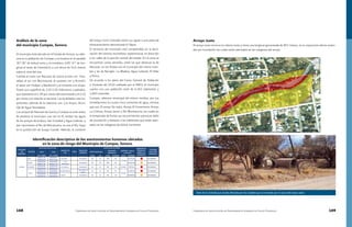 168 Compendio de Identificación de Asentamientos Humanos en Cauces Federales Compendio de Identificación de Asentamientos Humanos en Cauces Federales 169
Análisis de la zona
del municipio Cumpas, Sonora.
El municipio está ubicado en el Estado de Sonora, su cabe-
cera es la población de Cumpas y se localiza en el paralelo
30° 00’ de latitud norte y el meridiano 109° 47’ de lon-
gitud al oeste de Greenwich; a una altura de 914 metros
sobre el nivel del mar.
Colinda al norte con Nacozari de García al este con Huá-
sabas; al sur con Moctezuma; al suroeste con y Aconchi;
al oeste con Huépac y Banámichi y al noroeste con arizpe.
Posee una superficie de 2,013.50 Kilómetros cuadrados,
que representa el 1.09 por ciento del total estatal y el 0.10
por ciento con relación al nacional. Las localidades mas im-
portantes, además de la cabecera, son: Los Hoyos, Jécori,
Ojo de Agua Teonadepa.
Los arroyos de Nacozari de García y Cumpas se unen antes
de penetrar al municipio; una vez en él, reciben las aguas
de los arroyos de la Boca, San Cristóbal y Agua Caliente, y
dan nacimiento al Río de Moctezuma, se une al Río Yaqui
en la jurisdicción de Suaqui Grande. Además, la corriente
del arroyo Cerro Colorado vierte sus aguas a una presa de
almacenamiento denominada El Tápiro.
El territorio del municipio está comprendido en la decli-
nación del sistema montañoso septentrional, en dirección
a los valles de la porción central del estado. En la zona se
encuentran varias serranías, entre las que destacan la de
Nacozari, en los límites con el municipio del mismo nom-
bre y las de Barrigón. La Madera, Agua Caliente, El Nido
y Perica.
De acuerdo a los datos del Censo General de Población
y Vivienda del 2010 realizado por el INEGI el municipio
cuenta con una población total de 6,362 habitantes y
1,843 viviendas.
Cumpas, cabecera municipal del mismo nombre, por sus
inmediaciones lo cruzan cinco corrientes de agua, mismas
que son; El arroyo De Justo, Arroyo El Cementerio, Arroyo
La Colonia, Arroyo Jecori y Río Moctezuma, los cuales en
la temporada de lluvias sus escurrimientos provocan daño
de inundación y deslaves a los habitantes que están asen-
tados en las márgenes de dichas corrientes.
Identificación descriptiva de los asentamientos humanos ubicados
en la zona de riesgo del Municipio de Cumpas, Sonora.
Arroyo Justo
El arroyo Justo inicia en la colonia Justo y tiene una longitud aproximada de 807 metros, en su trayectoria afecta vivien-
das por inundación las cuales están asentadas en las márgenes del arroyo.
Vista de la vivienda que resulta afectada por los caudales que se transitan por el cauce del arroyo Justo.
 