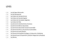 LEYES 
• • Ley de Aguas Nacionales 
• • Ley de Expropiación 
• • Ley Federal de Sanidad Animal 
• • Ley Federal de Sanidad Vegetal 
• • Ley Federal de Variedades Vegetales 
• • Ley Federal del Mar 
• • Ley General de Asentamientos Humanos 
• • Ley General de Bienes Nacionales 
• • Ley General de Desarrollo Forestal Sustentable 
• • Ley General de Pesca y Acuacultura Sustentables 
• • Ley General de Vida Silvestre 
• • Ley General del Equilibrio Ecológico y Protección al Ambiente 
• • Ley General para la Prevención y Gestión Integral de los Residuos 
• • Ley Minera 
 