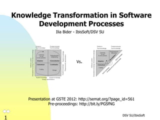 Knowledge Transformation in Software
          Development Processes
                      Ilia Bider - IbisSoft/DSV SU




                                 Vs.




        Presentation at GSTE 2012: http://semat.org/?page_id=561
                   Pre-proceedings: http://bit.ly/PGSfNG

                                                         DSV SU/IbisSoft
1
 