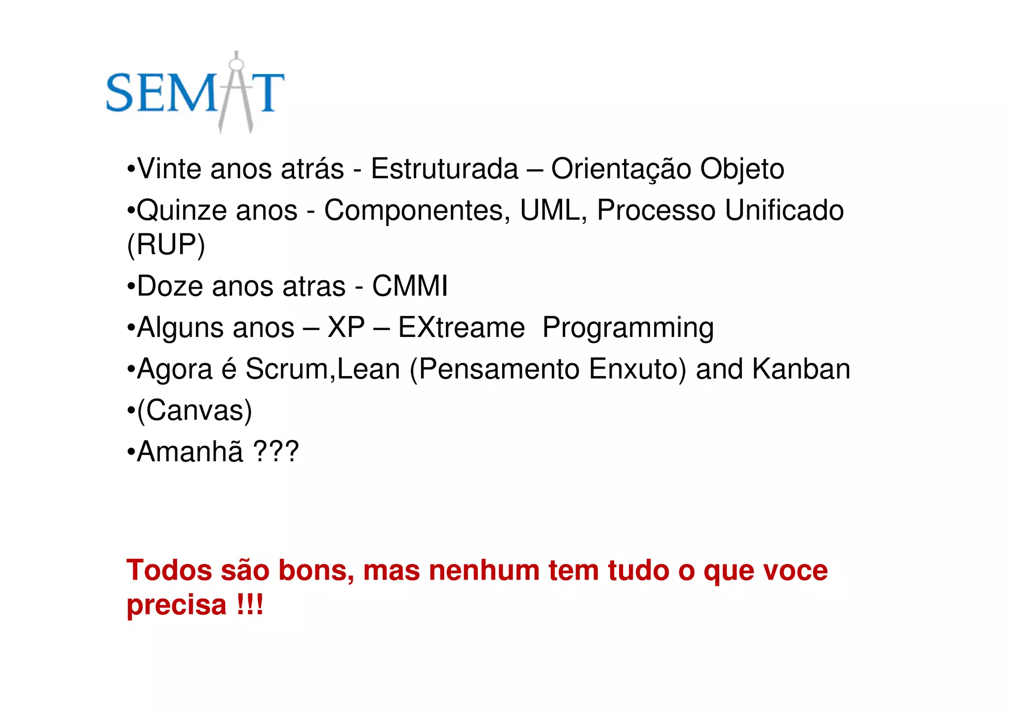 •Vinte anos atrás - Estruturada – Orientação Objeto
•Quinze anos - Componentes, UML, Processo Unificado
(RUP)
•Doze anos atras - CMMI
•Alguns anos – XP – EXtreame Programming
•Agora é Scrum,Lean (Pensamento Enxuto) and Kanban
•(Canvas)
•Amanhã ???
Todos são bons, mas nenhum tem tudo o que voce
precisa !!!
 