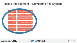1
01
Inside the Segment – Compound File System
_1.fdt
_1.fdx
_1.fnm
_1.nvd
_1.nvm
_1.si
_1.Lucene50_0.doc
_1.Lucene50_0.pos
_1.Lucene50_0.tim
_1.Lucene50_0.tip
_1.Lucene50_0.dvd
_1.Lucene50_0.dvm
 