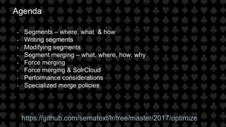 Agenda
• Segments – where, what & how
• Writing segments
• Modifying segments
• Segment merging – what, where, how, why
• Force merging
• Force merging & SolrCloud
• Performance considerations
• Specialized merge policies
https://github.com/sematext/lr/tree/master/2017/optimize
 