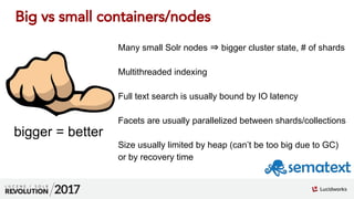 01
Many small Solr nodes ⇒ bigger cluster state, # of shards
Multithreaded indexing
Full text search is usually bound by I...