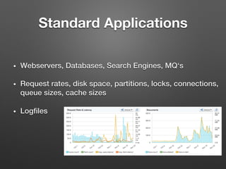 Standard Applications
•  Webservers, Databases, Search Engines, MQ‘s!
•  Request rates, disk space, partitions, locks, connections,
queue sizes, cache sizes!
•  Logﬁles!
 