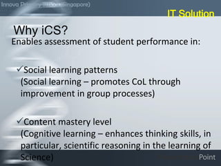 Enables assessment of student performance in:
Social learning patterns
(Social learning – promotes CoL through
improvement in group processes)
Content mastery level
(Cognitive learning – enhances thinking skills, in
particular, scientific reasoning in the learning of
Science)
Why iCS?
IT Solution
Innova Primary School (Singapore)
 