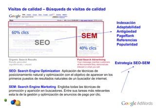 Visitas de calidad – Búsqueda de visitas de calidad SEO: Search Engine Optimization  Aplicación de técnicas de  posicionamiento natural y optimización con el objetivo de aparecer en los  primeros puestos de resultados naturales de un buscador de internet.  SEM: Search Engine Marketing  Engloba todas las técnicas de  promoción y aparición en buscadores. Entre sus tareas más relevantes  esta la de la gestión y optimización de anuncios de pago por clic.   Indexación Adaptabilidad Antigüedad PageRank Referencias Popularidad Estrategia SEO-SEM 60% clics 40% clics 
