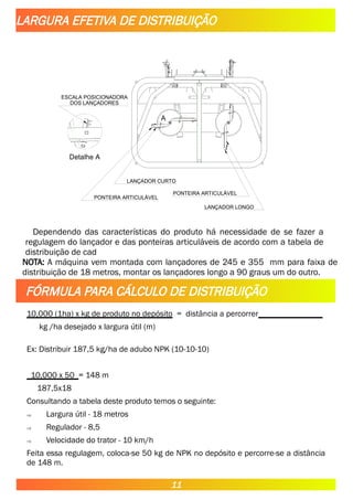 Dependendo das características do produto há necessidade de se fazer a
regulagem do lançador e das ponteiras articuláveis de acordo com a tabela de
distribuição de cad
NOTA: A máquina vem montada com lançadores de 245 e 355 mm para faixa de
distribuição de 18 metros, montar os lançadores longo a 90 graus um do outro.
10,000 (1ha) x kg de produto no depósito = distância a percorrer
kg /ha desejado x largura útil (m)
Ex: Distribuir 187,5 kg/ha de adubo NPK (10-10-10)
10,000 x 50 = 148 m
187,5x18
Consultando a tabela deste produto temos o seguinte:
 Largura útil - 18 metros
 Regulador - 8,5
 Velocidade do trator - 10 km/h
Feita essa regulagem, coloca-se 50 kg de NPK no depósito e percorre-se a distância
de 148 m.
LARGURA EFETIVA DE DISTRIBUIÇÃO
FÓRMULA PARA CÁLCULO DE DISTRIBUIÇÃO
11
A
Detalhe A
PONTEIRA ARTICULÁVEL
PONTEIRA ARTICULÁVEL
LANÇADOR CURTO
LANÇADOR LONGO
ESCALA POSICIONADORA
DOS LANÇADORES
 