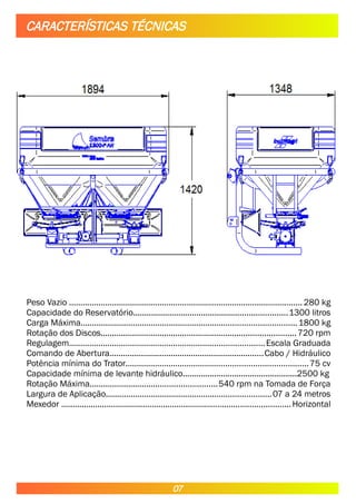 Peso Vazio .......................................................................................................280 kg
Capacidade do Reservatório....................................................................1300 litros
Carga Máxima...............................................................................................1800 kg
Rotação dos Discos......................................................................................720 rpm
Regulagem......................................................................................Escala Graduada
Comando de Abertura....................................................................Cabo / Hidráulico
Potência mínima do Trator................................................................................75 cv
Capacidade mínima de levante hidráulico...................................................2500 kg
Rotação Máxima........................................................540 rpm na Tomada de Força
Largura de Aplicação.........................................................................07 a 24 metros
Mexedor .....................................................................................................Horizontal
CARACTERÍSTICAS TÉCNICAS
07
 