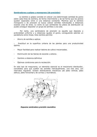 Sembradoras a golpes y monograno (de precisión)
La siembra a golpes consiste en colocar una determinada cantidad de grano
sobre cada línea de siembra, de forma intermitente y de tal forma que los granos
queden separados entre sí una distancia constante. Mientras que la siembra
monograno o de precisión se busca colocar semillas individuales a distancias
exactas unas de otras. Lo cierto es que cambiando los platos de distribución se
puede conseguir depositar un grupo de semillas o una sola.
Por tanto, una sembradora de precisión es aquella que deposita a
profundidad uniforme y a distancias iguales el grano, consiguiendo además un
paralelismo entre líneas. Esta siembra permite:
-

Ahorro de semillas a aplicar.

Exactitud en la superficie unitaria de las plantas para una productividad
óptima.
-

Mayor facilidad para realizar labores de cultivo mecanizadas.

-

Disminución de las faenas de escarda y aclareo.

-

Siembra a distancia definitiva

-

Óptimas condiciones para la recolección.

En este tipo de maquinaria, un elemento esencial es el mecanismo distribuidor,
concebidos para que suelten las semillas individualmente, una tras otra, con
intervalos regulares. Existen distribuidores mecánicos (de plato vertical, plato
oblicuo, plato horizontal y de correa) y neumáticos.

Esquema sembradora precisión neumática

 