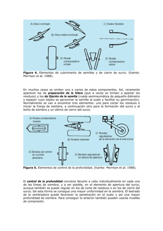 Figura 4. Elementos de cubrimiento de semillas y de cierre de surco. (fuente:
Morrison et al. 1988).

En muchos casos se omiten uno o varios de estos componentes. Así, raramente
aparecen los de preparación de la hilera (que a veces se limitan a apartar los
residuos) y los de fijación de la semilla (rueda semineumática de pequeño diámetro
y espesor cuyo objeto es aproximar la semilla al suelo y facilitar su germinación).
Normalmente se van a encontrar tres elementos: uno para cortar los residuos e
iniciar la franja de siembra, a continuación otro para la formación del surco y el
lecho de siembra y un último de cierre del surco.

Figura 5. Elementos de control de la profundidad. (fuente: Morrison et al. 1988).

El control de la profundidad conviene llevarlo a cabo individualmente en cada una
de las líneas de siembra, y a ser posible, en el elemento de apertura del surco,
aunque también se puede regular en los de corte de residuos o en los de cierre del
surco. De esta forma se consigue una mayor uniformidad en la siembra. El lastrado
de la sembradora puede favorecer la penetración en el suelo y así una mayor
profundidad de siembra. Para conseguir lo anterior también pueden usarse muelles
de compresión.

 