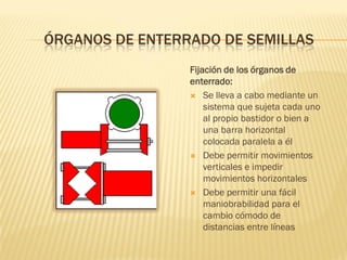 ÓRGANOS DE ENTERRADO DE SEMILLAS
Fijación de los órganos de
enterrado:
 Se lleva a cabo mediante un
sistema que sujeta cada uno
al propio bastidor o bien a
una barra horizontal
colocada paralela a él
 Debe permitir movimientos
verticales e impedir
movimientos horizontales
 Debe permitir una fácil
maniobrabilidad para el
cambio cómodo de
distancias entre líneas
 