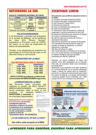 PARA EMPRENDEDORES COMO TÚ!
13
DEFENDAMOS LA EBA
HACIA EL CONGRESO NACIONAL DE COPAE
ETAPAS FECHA RESPONSABLES
Encuentro Local de
COPAE
julio UGEL-
COPAE
Encuentro Regional
de COPAE
25 de
agosto
DRELM
Congreso
Nacional de COPAE
28 Set al
1 octubr
DEBA
FELICITACIONESSSSS
A los Estudiantes y docentes que participaron
en la Jornada de Reflexión, de los periféricos
del Ceba 3016 “Ricardo Quimper”,
preparatoria al Encuentro Local de COPAE.
Así mismo, en su tarea de implementar los
talleres de especialidades.
También, a los estudiantes que mostraron sus
aprendizajes en el Primer Día del Logro, en los
diferentes Cebas a nivel nacional.
¿NEGOCIAZO EN LA EBA?
GUÍA METODOLÓGICA PARA EL DOCENTE
Gra CIENCIAS HUMANIDADES
1° Tiraje: 4932 Tiraje: 4932
2° Tiraje: 4932 Tiraje: 4932
3° Tiraje: 4932 Tiraje: 4932
4° Tiraje: 4932 Tiraje: 4932
HASTA LA FECHA las profesoras y profesores del
Ciclo Avanzado NO HEMOS RECIBIDO ninguna Guía.
¿CORRUPCIÓN EN LA EBA?
Hay denuncias sobre corrupción que
originaron la emisión del Oficio 029-2017-
MINEDU/VMGP/DIGEIBIRA rechazando
dichos contenidos; hasta la fecha no hay
resultados. Es necesario
INVESTIGAR y sancionar si
se comprueba irregularidades.
Como en el Concurso de Becas
para Colombia, me inscribo
cumpliendo todos los
requisitos, recibo en mi correo
la aceptación de la postulación,
me comunican que la prueba
ha sido postergada y cuando
publican la lista de
“postulantes aptos” NO APAREZCO.
¿YA SÉ QUIÉN ES EL HP QUE LO HIZO?
Esto ratifica, existe corrupción en la DEBA.
ESCRITORIO LIMPIO
Documentos que ya NO se requieren enviar a
la UGEL:
1. Proyecto Curricular Institucional (PCI)
2. Proyecto Educativo Institucional (PEI)
3. Plan Anual de Trabajo (PAT)
4. Nóminas de matrícula
5. Actas consolidadas de evaluaciones
6. Actas de recuperación
7. Información sobre el excedente y déficit de
materiales y recursos educativos en las II.EE.
8. Resolución Directoral que conforma el Comité
de Tutoría y Orientación Educativa
9. Informe sobre las acciones de Tutoría y
Orientación Educativa
10. Informe de gestión de riesgos de desastres
11. Expediente de autorización de viajes de
estudio, jornadas de integración y eventos
deportivos y culturales
12. Plan de trabajo de viajes
13. Fichas Resumen contenidas en los Anexos
4-C y 4-F de las Normas y Procedimientos para
la Gestión del Banco del Libro de EBR,
aprobadas por RM 401-2008-ED
Además, se busca fortalecer la figura del
director como líder pedagógico de su escuela.
Para ello, se necesitan hacer cinco actividades
principalmente:
Monitorear a sus docentes en el aula; Gestionar
el Currículo Nacional en su escuela; plantearse
metas y planes de mejora para su institución,
promover un adecuado clima escolar para evitar
los casos de bullying; y el trabajo administrativo
-matrícula, gestión de los materiales, etc.- debe
ocupar el 25 % de su tiempo a los directores.
¡ APRENDER PARA ENSEÑAR, ENSEÑAR PARA APRENDER !
 