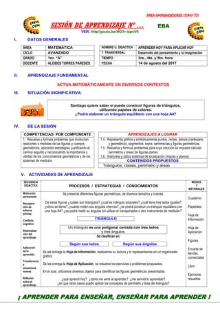 PARA EMPRENDEDORES COMO TÚ!
14
SESIÓN DE APRENDIZAJE Nº … EBA
VER: http//youtu.be/HG1r-izpcV0
I. DATOS GENERALES
ÁREA MATEMÁTICA NOMBRE U. DIDACTICA APRENDER HOY PARA APLICAR HOY
CICLO AVANZADO T. TRANSVERSAL Desarrollo del pensamiento y la imaginación
GRADO 1ro. “A” TIEMPO 3ra., 4ta. y 5ta. hora
DOCENTE ALCIDES TORRES PAREDES FECHA 14 de agosto del 2017
II. APRENDIZAJE FUNDAMENTAL
ACTÚA MATEMÁTICAMENTE EN DIVERSOS CONTEXTOS
III. SITUACIÓN SIGNIFICATIVA
Santiago quiere saber si puede construir figuras de triángulos,
utilizando papeles de colores.
¿Podrá elaborar un triángulo equilátero con una hoja A4?
IV. DE LA SESIÓN
COMPETENCIAS POR COMPONENTE APRENDIZAJES A LOGRAR
1. Resuelve y formula problemas que involucran
relaciones o medidas de las figuras y cuerpos
geométricos, aplicando estrategias, justificando el
camino seguido y reconociendo la importancia y
utilidad de los conocimientos geométricos y de los
sistemas de medición.
1.4. Representa gráfica y simbólicamente puntos, rectas, planos (cartesiano
y geométrico), segmentos, rayos, semirrectas y figuras geométricas.
1.5. Resuelve y formula problemas para cuya solución se requiere calcular
perímetros y áreas de figuras planas.
1.6. Interpreta y utiliza sistemas de localización (mapas y planos).
CONTENIDOS PROPUESTOS
Triángulos, clases, perímetro y áreas
V. ACTIVIDADES DE APRENDIZAJE
SECUENCIA
DIDÁCTICA PROCESOS / ESTRATEGIAS / CONOCIMIENTOS
MEDIOS
Y
MATERIALES
Motivación
permanente
Recupera-
ción de
saberes
previos
Conflicto
cognitivo
Sistematiza-
ción del
aprendizaje
Aplicación
de lo
aprendido
Transferencia
a
situaciones
nuevas
Reflexión
sobre el
aprendizaje
Se presenta diferentes figuras geométricas, de diversos tamaños y colores.
De estas figuras ¿cuáles son triángulos? ¿cuál es triángulo isósceles? ¿cuál tiene tres lados iguales?
¿cómo se llama? ¿cuánto miden sus ángulos internos? ¿se podrá construir un triángulo equilátero con
una hoja A4? ¿se podrá medir su ángulos sin utilizar el transportador u otro instrumento de medición?
TRIÁNGULO
Un triángulo es una poligonal cerrada con tres lados
y tres ángulos.
Se clasifican en
Según sus lados Según sus ángulos
Se les entrega la Hoja de Información, realizamos su lectura y lo representamos en un organizador
gráfico.
Se les entrega la Hoja de Aplicación, se resuelve los ejercicios y problemas propuestos.
En el aula, utilizamos diversos objetos para identificar las figuras geométricas presentadas.
¿qué aprendí hoy? ¿cómo me sentí al aprender? ¿me servirá lo aprendido?
¿en qué otros casos puedo aplicar los conceptos de perímetro y área del triángulo?
Cuaderno
Papelotes
Hoja de
Información
Hoja de
Aplicación
Figuras
Encarte de
tiendas
comerciales
Libro
Ejercicios
resueltos
CEN
EDU
CAPA
CENTRODE INVESTIGACIÓN
EDUCATIVAYEMPRESARIAL
CAPACITACIÓN – ASESORÍA – PROYECTOS
¡ APRENDER PARA ENSEÑAR, ENSEÑAR PARA APRENDER !
 