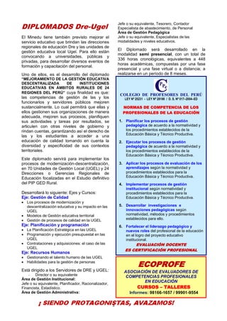 5
DIPLOMADOS Dre-Ugel
El Minedu tiene también previsto mejorar el
servicio educativo que brindan las direcciones
regionales de educación Dre y las unidades de
gestión educativa local Ugel. Para ello están
convocando a universidades, públicas y
privadas, para desarrollar diversos eventos de
formación y capacitación del personal.
Uno de ellos, es el desarrollo del diplomado
“MEJORAMIENTO DE LA GESTIÓN EDUCATIVA
DESCENTRALIZADA DE INSTITUCIONES
EDUCATIVAS EN ÁMBITOS RURALES DE 24
REGIONES DEL PERÚ” cuya finalidad es que:
las competencias de gestión de las y los
funcionarios y servidores públicos mejoren
sustancialmente. Lo cual permitirá que ellas y
ellos gestionen sus organizaciones de manera
adecuada, mejoren sus procesos, planifiquen
sus actividades y tareas por resultados, se
articulen con otras niveles de gobierno y
rindan cuentas, garantizando así el derecho de
las y los estudiantes a acceder a una
educación de calidad tomando en cuenta la
diversidad y especificidad de sus contextos
territoriales.
Este diplomado servirá para implementar los
procesos de modernización-descentralización,
en 70 Unidades de Gestión Local (UGEL) y 24
Direcciones o Gerencias Regionales de
Educación focalizadas en el Estudio definitivo
del PIP GED Rural.
Desarrollará lo siguiente: Ejes y Cursos:
Eje: Gestión de Calidad
 Los procesos de modernización y
descentralización educativa y su impacto en las
UGEL
 Modelos de Gestión educativa territorial
 Gestión de procesos de calidad en la UGEL
Eje: Planificación y programación
 La Planificación Estratégica en las UGEL
 Programación y ejecución presupuestal en las
UGEL
 Contrataciones y adquisiciones: el caso de las
UGEL
Eje: Recursos Humanos
 Gestionando el talento humano de las UGEL
 Habilidades para la gestión de personas
Está dirigido a los Servidores de DRE y UGEL:
- Director o su equivalente
Área de Gestión Institucional:
Jefe o su equivalente, Planificador, Racionalizador,
Financista, Estadístico.
Área de Gestión Administrativa:
Jefe o su equivalente, Tesorero, Contador
Especialista de abastecimiento, de Personal
Área de Gestión Pedagógica
Jefe o su equivalente, Especialistas de las
modalidades y niveles educativos.
El Diplomado será desarrollado en la
modalidad semi presencial, con un total de
336 horas cronológicas, equivalentes a 448
horas académicas, compuestas por una fase
presencial y una fase virtual o a distancia; a
realizarse en un período de 8 meses.
COLEGIO DE PROFESORES DEL PERÚ
LEY Nº 25231 - LEY Nº 28198 / D. S. Nº 017–2004–ED
NORMAS DE COMPETENCIA DE LOS
PROFESIONALES DE LA EDUCACIÓN
1. Planificar los procesos de gestión
pedagógica de acuerdo a la normatividad y
los procedimientos establecidos de la
Educación Básica y Técnico Productiva.
2. Ejecutar los procesos de gestión
pedagógica de acuerdo a la normatividad y
los procedimientos establecidos de la
Educación Básica y Técnico Productiva.
3. Aplicar los procesos de evaluación de los
aprendizajes según la normatividad y
procedimientos establecidos para la
Educación Básica y Técnico Productiva.
4. Implementar procesos de gestión
institucional según normatividad y
procedimientos establecidos para la
Educación Básica y Técnico Productiva.
5. Desarrollar investigaciones e
innovaciones pedagógicas según
normatividad, métodos y procedimientos
establecidos para ello.
6. Fortalecer el liderazgo pedagógico y
nuevos roles del profesional de la educación
en el logro del proyecto educativo
institucional.
EVALUACIÓN DOCENTE
ES CERTIFICACIÓN PROFESIONAL
ECOPROFE
ASOCIACIÓN DE EVALUADORES DE
COMPETENCIAS PROFESIONALES
EN EDUCACIÓN
CURSOS – TALLERES
Informes: 98166-1657 / 99901-9554
 