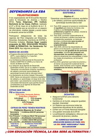 6
DEFENDAMOS LA EBA
FELICITACIONES
A los organizadores del III Encuentro Nacional
sobre la Educación de Jóvenes y Adultos
EPJA, Tarea, Edaprospo, IPP, Instituto
Bartolomé de las Casas, IrfaPerú, realizado
el 27 y 28 de mayo en el Auditorio de la I. E.
Alfonso Ugarte que se convirtió en un espacio
de información, análisis debate y acción sobre
la situación actual de la EEBA
Participaron delegaciones de todas las
regiones del Perú integrados por Directores,
Docentes, Estudiantes miembros de COPAE y
Ponentes invitados. Hicimos llegar nuestra
propuesta de EBA: EDUCACIÓN TÉCNICA
COMO ALTERNATIVA. Ver Sembrando Ya!
Enero 2016. Aquí algunas ponencias.
MARCO DE ACCIÓN:
 Programa Mundial de Educación para Todos
(EPT), cuyos objetivos 3 y 4 apuntan
directamente a la EPJA
 La Conferencia Internacional de Educación de
Adultos CONFITEA VI (2009) y su marco de
Acción de Belem de Pará.
 La adopción de la Agenda de Desarrollo
Sostenible al 2030, que en su objetivo 4 señala:
“Garantizar una educación inclusiva, equitativa y
de calidad y promover oportunidades de
aprendizaje durante toda la vida para todos”.
 La Declaración de Inchon titulada “Educación
2030: Hacia una educación inclusiva y equitativa
de calidad y un aprendizaje a lo largo de la vida
para todos”, que presenta los compromisos de la
comunidad internacional cuyos aportes fueron
considerados en la Agenda de Desarrollo
Sostenible al 2030.
CIFRAS QUE HABLAN:
PBI en Educación
6,3% Cuba, Venezuela, Bolivia,
Costa Rica y Argentina
5,8% Brasil / 5,3% Uruguay
5,2% México / 4,5% Chile
4,8% Paraguay
3,3% Perú
CIFRAS EN PERÚ TIENEN ROSTROS
Población Mayores de 14 años*
Secundaria
Incompleta
4 millones 839 251 personas
Con Primaria
Incompleta
2 millones 50mil 752 personas
(Analfabetos funcionales)
No saben
leer y escribir
1 millón 322mil 800 personas
(Analfabetos funcionales)
Total de la
demanda
8 millones 212mil 803
personas
*FALTA también: sólo con Primaria Completa
OBJETIVOS DE DESARROLLO
SOSTENIBLE
Objetivo 4*:
“Garantizar una educación inclusiva, equitativa
y de calidad y promover oportunidades de
aprendizaje durante toda la vida”
4.3 Para 2030, asegurar el acceso en condiciones
de igualdad para todos los hombres y las
mujeres a una formación técnica,
profesional y superior de calidad, incluida la
enseñanza universitaria.
4.4 Para 2030, aumentar sustancialmente el
número de jóvenes y adultos que tienen las
competencias necesarias, en particular
técnicas y profesionales para acceder al
empleo, el trabajo decente y el
emprendimiento.
4.5 Para 2030, eliminar las disparidades de
género en la educación y garantizar el acceso
en condiciones de igualdad de las personas
vulnerables, incluidas las personas con
discapacidad, los pueblos indígenas y los
niños en situaciones de vulnerabilidad, a todos
los niveles de enseñanza y la formación
profesional.
4.6 Para 2030, garantizar que todos los jóvenes y
al menos una proporción sustancial de los
adultos, tanto hombres como mujeres, tengan
competencias de lectura, escritura y
aritmética.
* Fueron tomadas de la Declaración de
Foro Mundial de Inchon
DESAFÍOS
 Asegurar la EPJA como derecho
fundamental
 Cambios en el mundo, asegurar igualdad,
equidad, diversidad
 Un Sistema que reconozca todas las
trayectorias educativas de los adultos
 Contar con un Fondo Nacional Intangible
 Una gestión renovada de la EPJA
 La participación pedagógica y ética por una
educación de jóvenes y adultos.
EL CURRÍCULO NACIONAL DE
EDUCACIÓN BÁSICA ES PARA EBR,
LA EBA DEBE “ADECUARLA” PARA
SU EJECUCIÓN
¡ CON EDUCACIÓN TÉCNICA, LA EBA SERÁ ALTERNATIVA !
 