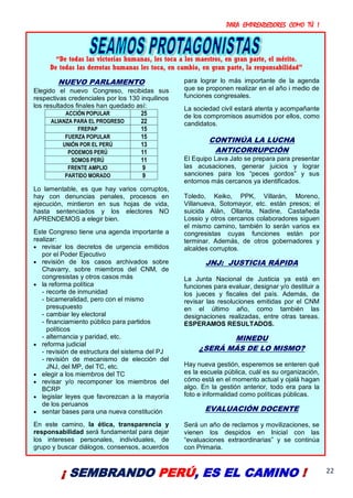 PARA EMPRENDEDORES COMO TÚ !
22
“De todas las victorias humanas, les toca a los maestros, en gran parte, el mérito.
De todas las derrotas humanas les toca, en cambio, en gran parte, la responsabilidad”
NUEVO PARLAMENTO
Elegido el nuevo Congreso, recibidas sus
respectivas credenciales por los 130 inquilinos
los resultados finales han quedado así:
ACCIÓN POPULAR 25
ALIANZA PARA EL PROGRESO 22
FREPAP 15
FUERZA POPULAR 15
UNIÓN POR EL PERÚ 13
PODEMOS PERÚ 11
SOMOS PERÚ 11
FRENTE AMPLIO 9
PARTIDO MORADO 9
Lo lamentable, es que hay varios corruptos,
hay con denuncias penales, procesos en
ejecución, mintieron en sus hojas de vida,
hasta sentenciados y los electores NO
APRENDEMOS a elegir bien.
Este Congreso tiene una agenda importante a
realizar:
 revisar los decretos de urgencia emitidos
por el Poder Ejecutivo
 revisión de los casos archivados sobre
Chavarry, sobre miembros del CNM, de
congresistas y otros casos más
 la reforma política
- recorte de inmunidad
- bicameralidad, pero con el mismo
presupuesto
- cambiar ley electoral
- financiamiento público para partidos
políticos
- alternancia y paridad, etc.
 reforma judicial
- revisión de estructura del sistema del PJ
- revisión de mecanismo de elección del
JNJ, del MP, del TC, etc.
 elegir a los miembros del TC
 revisar y/o recomponer los miembros del
BCRP
 legislar leyes que favorezcan a la mayoría
de los peruanos
 sentar bases para una nueva constitución
En este camino, la ética, transparencia y
responsabilidad será fundamental para dejar
los intereses personales, individuales, de
grupo y buscar diálogos, consensos, acuerdos
para lograr lo más importante de la agenda
que se proponen realizar en el año i medio de
funciones congresales.
La sociedad civil estará atenta y acompañante
de los compromisos asumidos por ellos, como
candidatos.
CONTINÚA LA LUCHA
ANTICORRUPCIÓN
El Equipo Lava Jato se prepara para presentar
las acusaciones, generar juicios y lograr
sanciones para los “peces gordos” y sus
entornos más cercanos ya identificados.
Toledo, Keiko, PPK, Villarán, Moreno,
Villanueva, Sotomayor, etc. están presos; el
suicida Alán, Ollanta, Nadine, Castañeda
Lossio y otros cercanos colaboradores siguen
el mismo camino, también lo serán varios ex
congresistas cuyas funciones están por
terminar. Además, de otros gobernadores y
alcaldes corruptos.
JNJ: JUSTICIA RÁPIDA
La Junta Nacional de Justicia ya está en
funciones para evaluar, designar y/o destituir a
los jueces y fiscales del país. Además, de
revisar las resoluciones emitidas por el CNM
en el último año, como también las
designaciones realizadas, entre otras tareas.
ESPERAMOS RESULTADOS.
MINEDU
¿SERÁ MÁS DE LO MISMO?
Hay nueva gestión, esperemos se enteren qué
es la escuela pública, cuál es su organización,
cómo está en el momento actual y ojalá hagan
algo. En la gestión anterior, todo era para la
foto e informalidad como políticas públicas.
EVALUACIÓN DOCENTE
Será un año de reclamos y movilizaciones, se
vienen los despidos en Inicial con las
“evaluaciones extraordinarias” y se continúa
con Primaria.
¡ SEMBRANDO PERÚ, ES EL CAMINO !
 