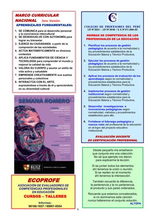 6
MARCO CURRICULAR
NACIONAL 3era. Versión
APRENDIZAJES FUNDAMENTALES:
1. SE COMUNICA para el desarrollo personal
y la convivencia intercultural
2. SE DESENVUELVE CON AUTONOMÍA para
lograr su bienestar
3. EJERCE SU CIUDADANÍA a partir de la
compresión de las sociedades
4. ACTÚA MATEMÁTICAMENTE en diversos
contextos
5. APLICA FUNDAMENTOS DE CIENCIA Y
TECNOLOGÍA para comprender el mundo y
mejorar la calidad de vida
6. VALORA SU CUERPO y asume un estilo de
vida activo y saludable
7. EMPRENDE CREATIVAMENTE sus sueños
personales y colectivos
8. INTERACTÚA CON EL ARTE,
expresándose a través de él y apreciándolo
en su diversidad cultural
COLEGIO DE PROFESORES DEL PERÚ
LEY Nº 25231 - LEY Nº 28198 / D. S. Nº 017–2004–ED
NORMAS DE COMPETENCIA DE LOS
PROFESIONALES DE LA EDUCACIÓN
1. Planificar los procesos de gestión
pedagógica de acuerdo a la normatividad y
los procedimientos establecidos de la
Educación Básica y Técnico Productiva.
2. Ejecutar los procesos de gestión
pedagógica de acuerdo a la normatividad y
los procedimientos establecidos de la
Educación Básica y Técnico Productiva.
3. Aplicar los procesos de evaluación de los
aprendizajes según la normatividad y
procedimientos establecidos para la
Educación Básica y Técnico Productiva.
4. Implementar procesos de gestión
institucional según normatividad y
procedimientos establecidos para la
Educación Básica y Técnico Productiva.
5. Desarrollar investigaciones e
innovaciones pedagógicas según
normatividad, métodos y procedimientos
establecidos para ello.
6. Fortalecer el liderazgo pedagógico y
nuevos roles del profesional de la educación
en el logro del proyecto educativo
institucional.
EVALUACIÓN DOCENTE
ES CERTIFICACIÓN PROFESIONAL
ECOPROFE
ASOCIACIÓN DE EVALUADORES DE
COMPETENCIAS PROFESIONALES
EN EDUCACIÓN
CURSOS – TALLERES
Informes:
98166-1657 / 99901-9554
Desde pequeño me enseñaron
que conjunto era una colección.
No sé que ejemplo me dieron
para explicarme la lección.
Si se juntan todos los elementos
ahí tenemos la unión o reunión.
Si se repiten en el momento
ahí tenemos la intersección.
También recuerdo la diferencia,
la pertenencia y la no pertenencia,
al producto y sus pares ordenados.
Recuerda que estamos concatenados,
si no dominamos esta canción
nunca hallaremos el conjunto solución.
ALTOPA
 