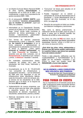 PARA EMPRENDEDORES COMO TÚ!
4
 Un Diseño Curricular Básico Nacional DCBN
(8 años vigente) desactualizado e
incoherente con el DCN de la EBR y sus
modificatorias, a pesar de la equivalencia de
grados escolares EBR = EBA.
 En el presupuesto SOMOS GASTO, pues
nos consideran “acciones presupuestales
que no resultan en producto”, igual que
EBE y los Jubilados.
 Informalidad en la Capacitación Docente,
primero en el Ceba con un “docente monitor”;
luego “virtual” donde nadie monitorea la
aplicación de dichos aprendizajes y las
escasas “capacitaciones presenciales”
improvisadas con ponentes de EBR.
 Con formas de atención presencial,
semipresencial y ahora “a distancia”, donde
no les importa lo pedagógico (si en la
forma presencial y semipresencial el
aprendizaje de los estudiantes era mínima en
la forma “a distancia” ¿cómo será?)
primando el “enfoque presupuestal”: en
un Ceba Presencial se necesitaba 7
docentes (uno por área curricular), con el
Semipresencial, 4 docentes (2 por “campo”)
y ahora, “a distancia” necesitan 1 docente.
 Sin materiales autoinstructivos (textos,
cuadernos de trabajo, etc.) para los
estudiantes del Ciclo Inicial, Intermedio y
Avanzado.
 Incumplimiento de la R. M. 172-2010-ED
“uso compartido de infraestructura y
equipamiento educativo…” por los Directores
de EBR para que dispongan el uso de
infraestructura: aulas, laboratorios, talleres,
aulas de innovación, centro de cómputo, etc.,
al servicio de los estudiantes de la EBA.
Situación que a la fecha, en la mayoría de
los casos NO se cumple.
 Implementación de nuevos programas, que
más les sirven para las fotos, pues atienden
a pequeños grupos de la población,
descuidando la atención mayoritaria de
estudiantes, adolescentes, jóvenes y adultos.
 Matrícula decreciente como se ve en el
cuadro siguiente:
Gestión Pública Gestión Privada
2013 126 345 87 707
2014 121 654 82 813
2015 121 254 82 629
Fuente: Minedu Censo Escolar 2008-2015
 “Concursos” de becas para estudios en el
extranjero con irregularidades.
 Posible “negociazo” en la edición y
reimpresión de “Guías de Aprendizaje para el
Estudiante” y “Guías Metodológicas para el
Docente” del Ciclo Avanzado, en el año
2016. Ver página 6.
 Situación de corrupción en todos sus niveles
que deberían investigarse y sancionarse.
Más, como lo dijimos anteriormente, la
celebración del Día de la EBA, pasó sin pena ni
gloria, a pesar que la Ministra bachiller fue
Directora de la EBA en años anteriores.
Por último, las cifras del INEI nos dicen, hay 5
millones los peruanos que tienen secundaria
inconclusa, además, señala a la EBA con un
alto índice de deserción (20%).
¿Qué dirán las niñas, niños, adolescentes y
jóvenes que NO hemos podido matricularlos
en nuestros Cebas y que ahora han quedado
fuera del sistema escolar?
Frente a esta pregunta, ratificamos que los
“FUNCIONARIOS” y “AUTORIDADES” de la
DEBA por los resultados mostrados y por
ÉTICA, lo mejor que pueden hacer ES
RENUNCIAR y nunca más regresar.
¡ SALVEMOS LA EBA !
NO OLVIDEMOS, A MÁS CORRUPCIÓN
MÁS VIOLENCIA, MÁS POBREZA.
* Docente del Ceba 3016 “Ricardo Quimper” y
Evaluador de competencias profesionales
Recertificado por el Sineace.
PARA TOMAR EN CUENTA
Por su importancia en el momento actual de la
EBA, publicaremos partes importantes del libro
DE LA RETÓRICA A LA ACCIÓN del autor
Manuel Paiba Cossíos.
¡ POR UN CURRÍCULO PARA LA EBA, DESDE LOS CEBAS !
 