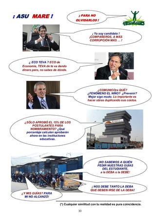 33
-----------------------------------------------------------------------------------------
(*) Cualquier similitud con tu realidad es pura coincidencia.
¡ PARA NO
OLVIDARLOS !
¡ ASU MARE !
¿ ECO TEVA ? ECO de
Economía, TEVA de te va dando
dinero pero, no sabes de dónde.
¿SÓLO APROBÓ EL 15% DE LOS
POSTULANTES PARA
NOMBRAMIENTO? ¿Qué
porcentaje calculan aprobarán
ahora en las instituciones
educativas.
¡NO SABEMOS A QUIÉN
PEDIR NUESTRAS GUÍAS
DEL ESTUDIANTE,
a la DEBA o la DEBE!
¡ Ya soy candidato !
¡COMPAÑEROS, A MÁS
CORRUPCIÓN MÁS … !
¡ NOS DEBE TANTO LA DEBA
QUE DEBEN IRSE DE LA DEBA!
¿COMUNICOre QUÉ?
¿FENÓMENO EL NIÑO? ¿Prevenir?
Mejor sigo mudo. Lo importante es
hacer obras duplicando sus costos.
¿Y MIS GUÍAS? PARA
MI NO ALCANZÓ!
 