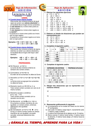 15
Hoja de Información: Hoja de Aplicación:
A D I C I Ó N
s + s + s + s = S
sumandos suma
CASOS:
a) Cuando tienen signos iguales
Para sumar dos números enteros de igual
signo se suman sus valores absolutos* y
el resultado lleva el signo de los sumandos.
* El valor absoluto de un número entero positivo es
el mismo número;
El valor absoluto de un número entero negativo es
su opuesto**.
** El opuesto de un número entero positivo es el mismo
valor con signo negativo;
El opuesto de un número entero negativo es el mismo
valor con signo positivo.
Ejemplos: +19 + +37 + +24 + +6 = +86
–8 + –12 + –51 + –58 = –129
b) Cuando tienen signos distintos
Para sumar dos números enteros de signos
distintos se restan sus valores absolutos y
el resultado lleva el signo del mayor valor
absoluto.
Ejemplos: +49 + –27 + –24 = –2
+16 + +25 + –11 = +30
PROPIEDADES:
a) De Clausura: a + b = c
La suma de dos números enteros es
siempre otro número entero.
b) Conmutativa: a + b = b + a
El orden de los sumandos no altera la Suma
c) Asociativa: a + b + c = a + (b + c) = (a + b)
+ c
La forma como se agrupen los sumandos
no altera la Suma.
d) Elemento neutro: a + 0 = 0 + a = a
Todo número entero sumado con cero es el
mismo número.
e) Elemento opuesto o simétrico:
a + ( – a ) = 0
Todo número entero sumado con su
opuesto nos da cero.
f) De Monotonía: a = b  a + c = b + c
Si sumamos a ambos miembros de una
igualdad, un número entero, entonces
obtenemos otra igualdad.
KIOJ/JKIO
g) De Cancelación: a + b = c + b  a = c
Si hay un mismo número entero en ambos
miembros de una igualdad, se puede
cancelar, entonces obtenemos otra
igualdad.
A D I C I Ó N
1. Efectuar los siguientes ejercicios
a) +13 + –32 =
b) –22 + +48 =
c) +135 + –161 =
d) –257 + +279 =
e) –57 + +25 + –14 =
f) +134 + +217 + –365 =
g) –212 + –339 + +456 =
h) +318 + –236 + –347 + +481 =
i) –419 + +337 + –472 + +503 =
j) –345 + +543 + –678 + +876 =
2. Elaborar un listado de situaciones que puedan ser
representados por:
a) +13 + –24 =
b) –21 + +36 =
c) +39 + –47 + +52 =
d) –67 + +75 + –84 =
3. Completar el siguiente cuadro:
a < o
>
b
Tienen
signos
iguales
I a
I
< ó
>
I b I
Resultado
de a + b
+9 – 7
–23 +41
+171 –99
–410 +345
+567 –729
4. Completar el siguiente cuadro:
EXPRESIÓN CON ENTEROS PROPIEDAD APLICADA
+13 + –32 = –32 + +13
–22 + +38 = +16
+135 + –135 = 0
–53 + +27 + +69 = +27 +
+69 + –53
0 + –291 = –291
–322 + +388 = +66
5. Dibujar tres situaciones que se representen con
números enteros:
a) …………………………………………………….
b) …………………………………………………….
c) …………………………………………………….
6. Representar gráficamente lo siguiente:
a) La temperatura en la ciudad de Pasco es de menos
9º centígrados.
b) Iván sube 10 metros, luego baja 4, nuevamente sube
7 metros y baja 5 metros.
c) La altura de la fachada de la Iglesia es de 19 metros.
d) Diana avanza 5 metros hacia arriba, 2 metros hacia
la derecha, 4 metros hacia abajo y 6 metros hacia la
izquierda.
¡ GÁNALE AL TIEMPO, APRENDE PARA LA VIDA !
CENTRO DE INVESTIGACIÓN
EDUCATIVA Y EMPRESARIAL
CAPACITACIÓN – ASESORÍA – PROYECTOS
 